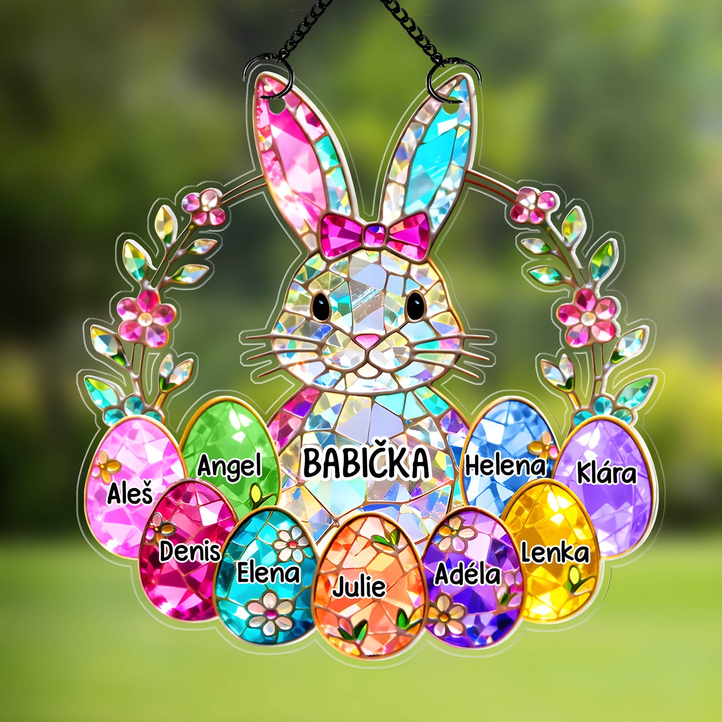 Akrylový lapač slunce - Zajíček s barevnými vajíčky a jmény