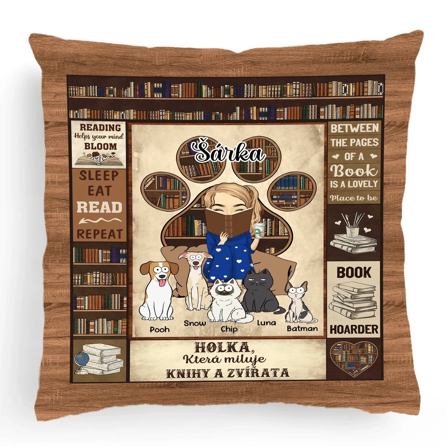 Polštář - Holka, která miluje knihy a zvířata - az 5 mazlíčky - Climo.cz
