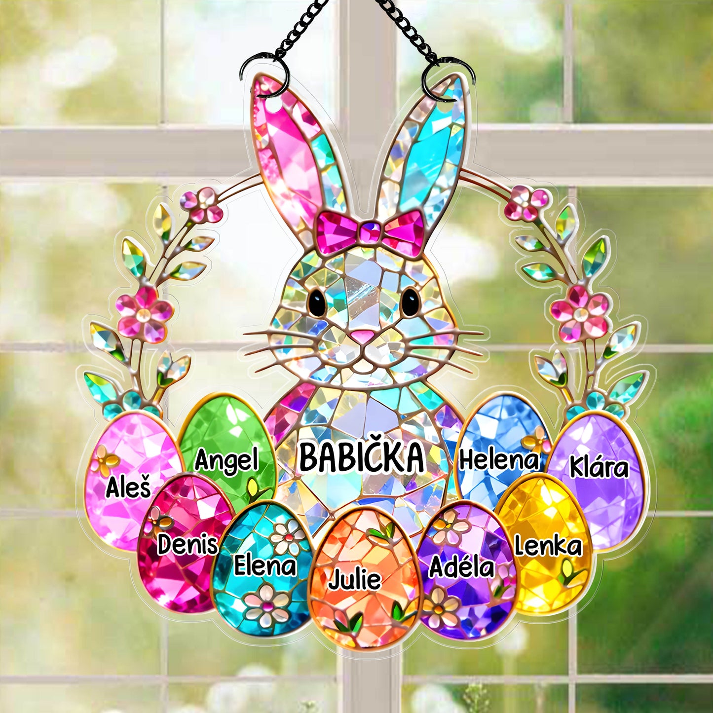 Akrylový lapač slunce - Zajíček s barevnými vajíčky a jmény