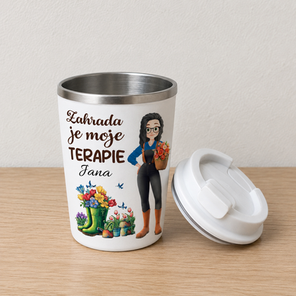 Termohrnek Zahrada je moje terapie s odšroubovaným víčkem