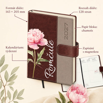 Personalizovaný týdenní diář A5 Classic s magnetem, vlastní květinou a jménem