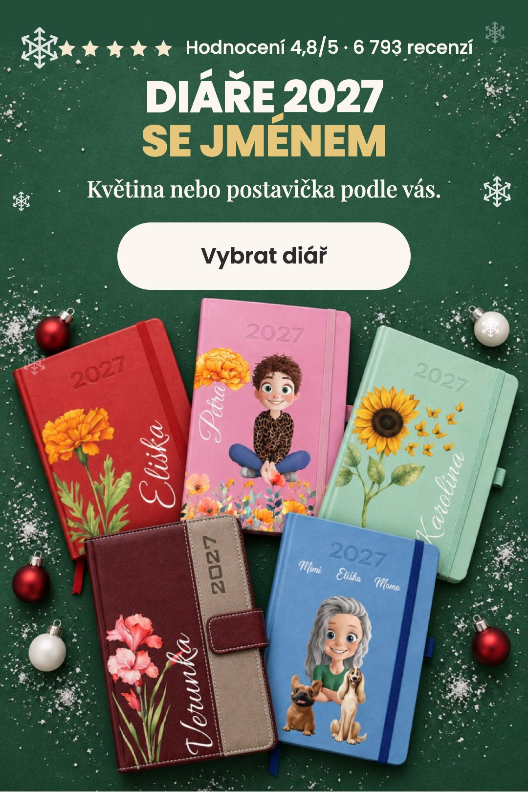 Diáře 2027 se jménem – vánoční banner (mobil)